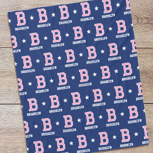 Personalized Name Monogram Star Pink Navy Fleece Blanket