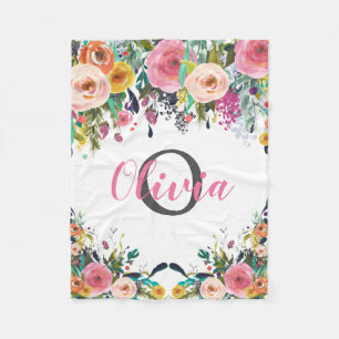 Personalized Name Monogram Watercolor Floral Fleece Blanket
