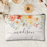 Personalized Name Monogram Watercolor Sunny Floral Accessory Pouch<br><div class="desc">Introducing our Personalized Name Monogram Watercolor Sunny Floral Accessory Pouch. Featuring watercolor illustration of flower arrangement with bright colors and editable elegant calligraphy text that can be personalized your name. Suitable as a gift for flower lovers women and girls.</div>