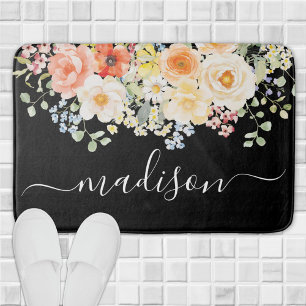 Personalized Name Monogram Watercolor Sunny Floral Bath Mat