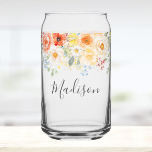 Personalized Name Monogram Watercolor Sunny Floral Can Glass