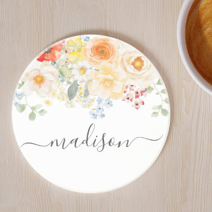 Personalized Name Monogram Watercolor Sunny Floral Coaster