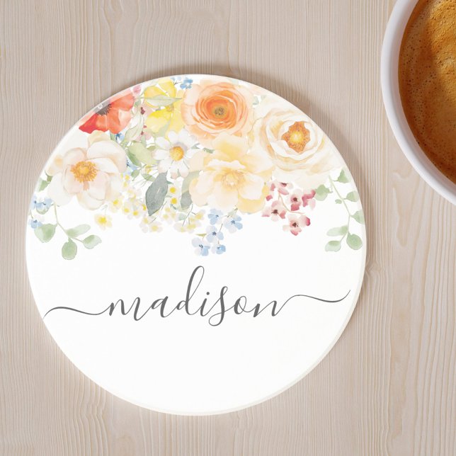 Personalized Name Monogram Watercolor Sunny Floral Coaster (Creator Uploaded)