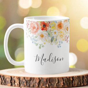 Personalized Name Monogram Watercolor Sunny Floral Coffee Mug