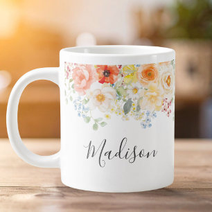 Personalized Name Monogram Watercolor Sunny Floral Large Coffee Mug