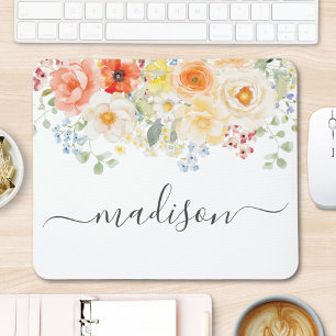 Personalized Name Monogram Watercolor Sunny Floral Mouse Pad