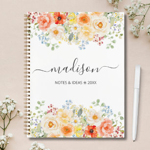 Personalized Name Monogram Watercolor Sunny Floral Notebook