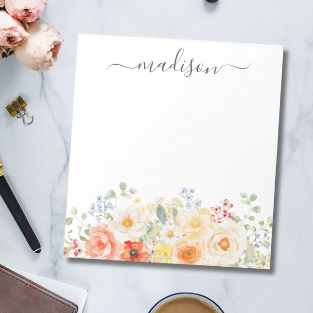 Personalized Name Monogram Watercolor Sunny Floral Notepad (Creator Uploaded)