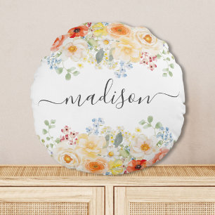 Personalized Name Monogram Watercolor Sunny Floral Round Pillow