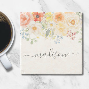 Personalized Name Monogram Watercolor Sunny Floral Stone Coaster