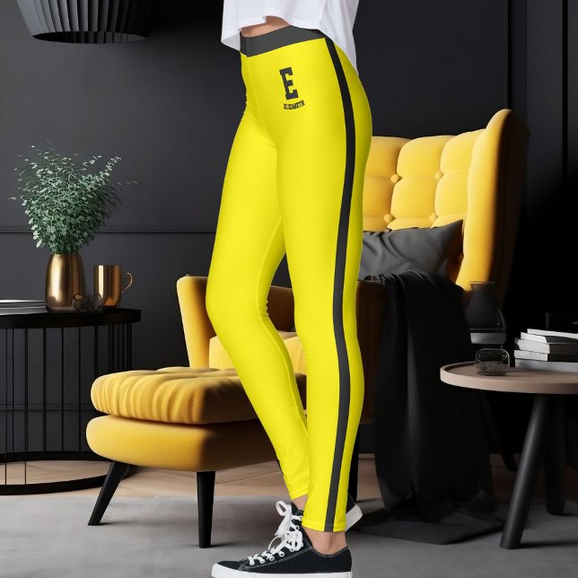 Personalized Name Monogram Yellow Black Stripes Leggings (Creator Uploaded)