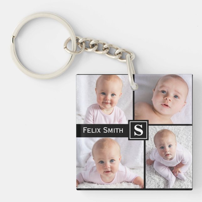 Personalized Name Monogrammed 4 Photo Collage Keychain (Front)