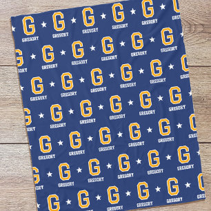Personalized Name Monogrammed Star Gold Navy Fleece Blanket