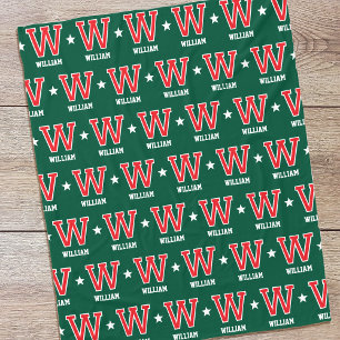 Personalized Name Monogrammed Star Red Green Fleece Blanket