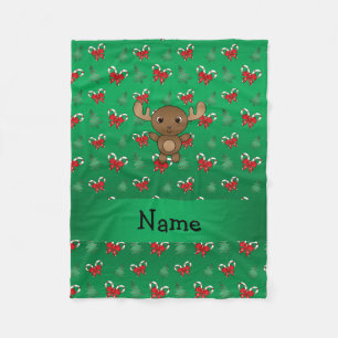 Personalized name moose green candy canes bows fleece blanket