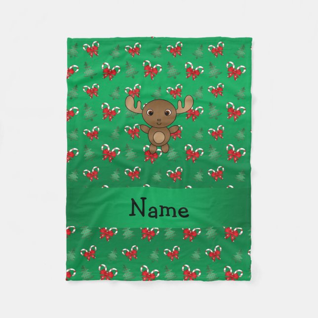 Personalized name moose green candy canes bows fleece blanket (Front)