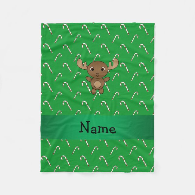 Personalized name moose green candy canes fleece blanket (Front)