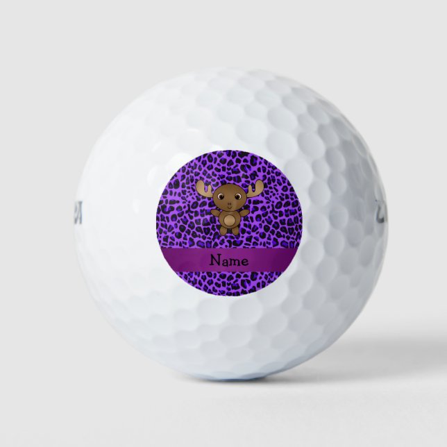 Personalized name moose purple leopard print golf balls (Front)