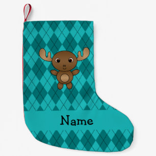Personalized name moose turquoise argyle small christmas stocking