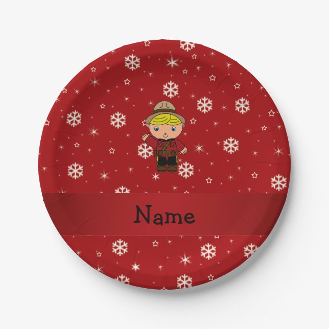Personalized name mountie red snowflakes paper plate (Front)