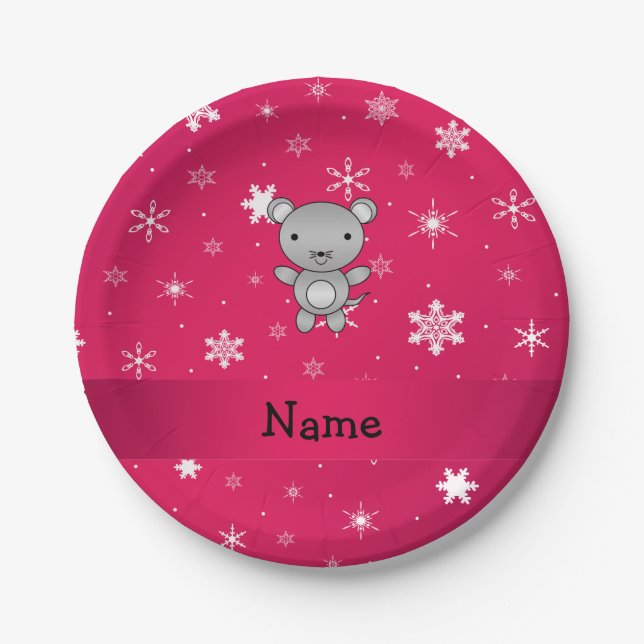 Personalized name mouse pink snowflakes paper plate (Front)