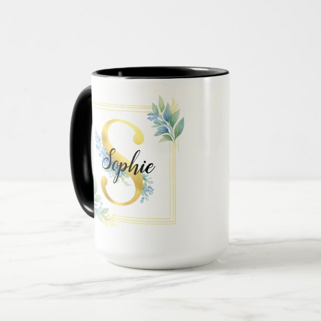 Personalized Name Mug • Gold and Floral Initial (Front Left)