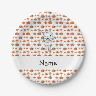 Personalized name mummy orange pumpkins paper plate