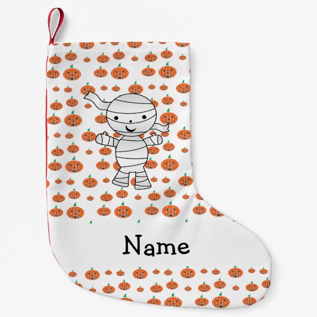 Personalized name mummy orange pumpkins small christmas stocking (Front)