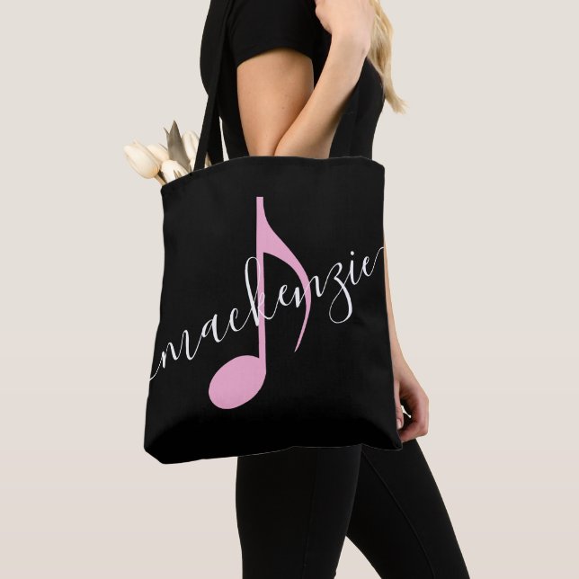 Personalized Name Music Note Black and Pink Tote Bag (Close Up)