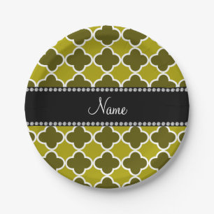 Personalized name mustard yellow quatrefoil paper plate
