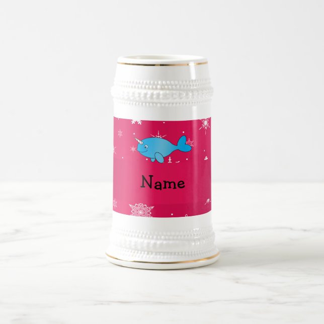 Personalized name narwhal pink snowflakes beer stein (Center)