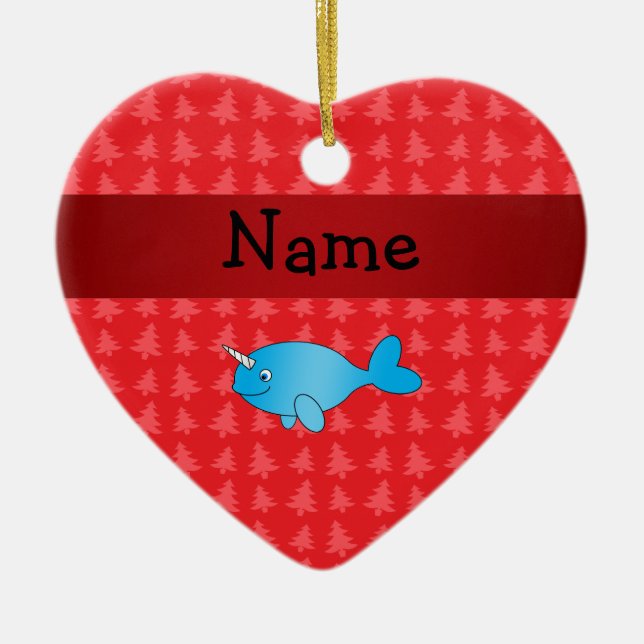 Personalized name narwhal red christmas trees ceramic ornament (Front)