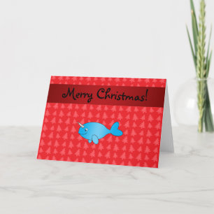 Personalized name narwhal red christmas trees holiday card
