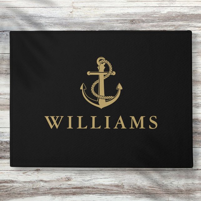 Personalized Name Nautical Anchor Black And Gold Doormat (Personalized Name Nautical Anchor Black And Gold Doormat)