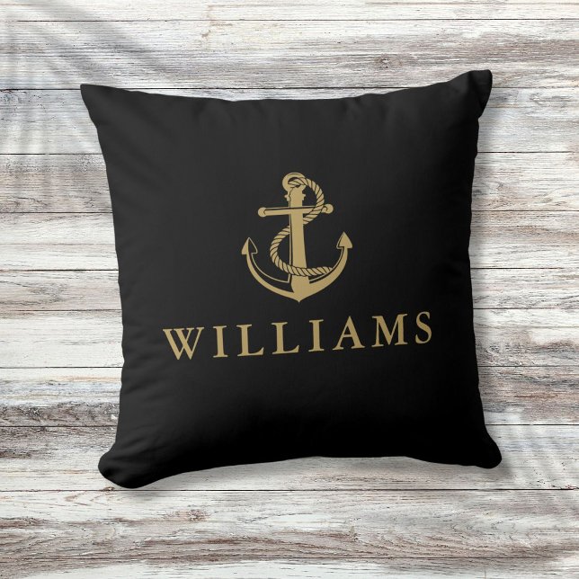Personalized Name Nautical Anchor Black And Gold Throw Pillow (Personalized Name Nautical Anchor Black And Gold Throw Pillow)