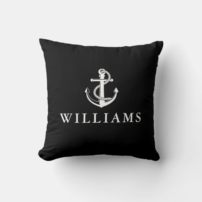 Personalized Name Nautical Anchor Black And White Throw Pillow (Front)