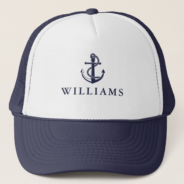 Personalized Name Nautical Boat Anchor Navy Blue Trucker Hat (Front)