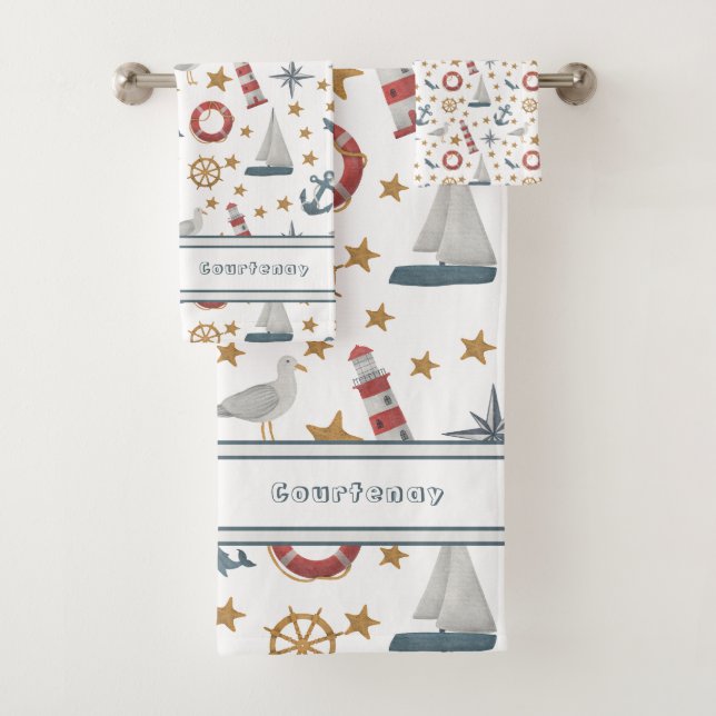 Personalized Name Nautical Ocean Sailboat Bath Towel Set (Insitu)