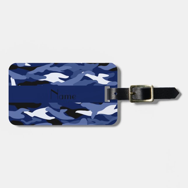 Personalized name navy blue camouflage luggage tag (Front Horizontal)