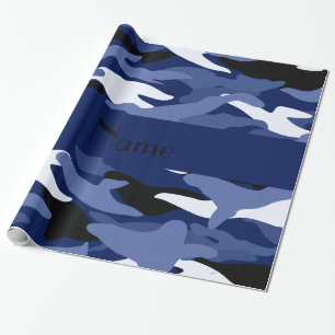 Personalized name navy blue camouflage wrapping paper