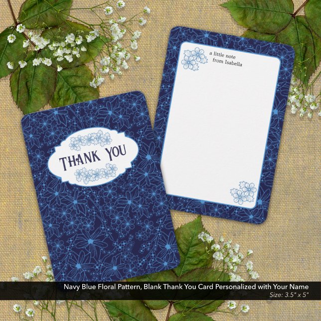 Personalized Name Navy Blue Floral Pattern, Blank Thank You Card (Navy Blue Floral Pattern, Blank Thank You Card Personalized with Your Name )