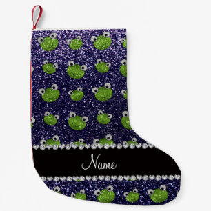 Personalized name navy blue glitter frogs small christmas stocking