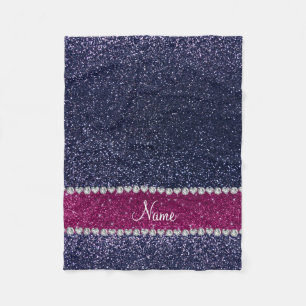 Personalized name navy blue glitter pink stripe fleece blanket
