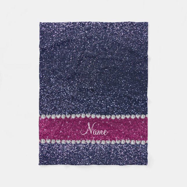 Personalized name navy blue glitter pink stripe fleece blanket (Front)