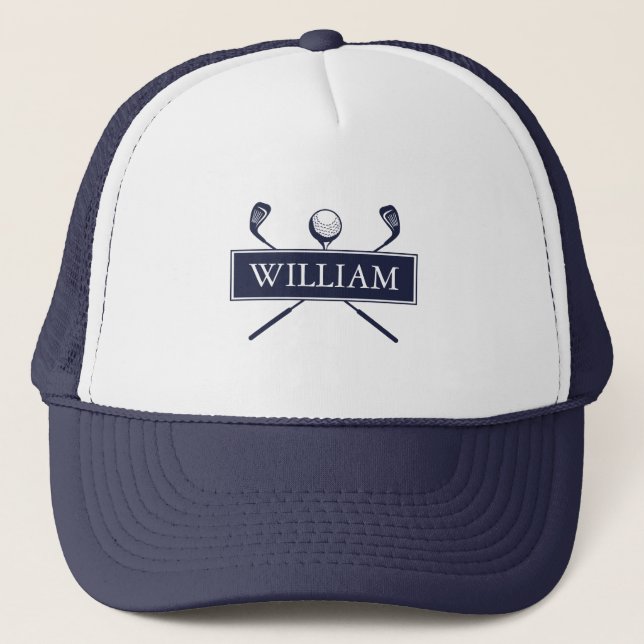 Personalized Name Navy Blue Golf Ball And Clubs Trucker Hat (Front)