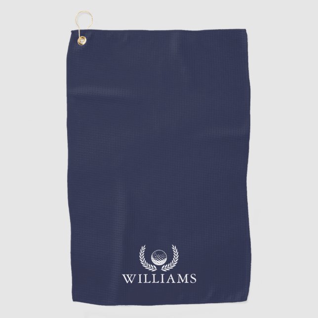 Personalized Name Navy Blue Golf Ball And Wreath Golf Towel (Front)