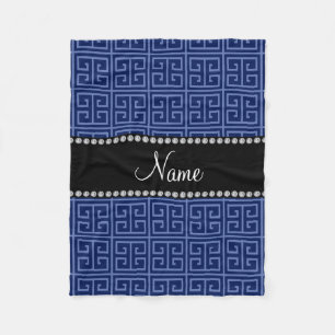 Personalized name navy blue greek key pattern fleece blanket