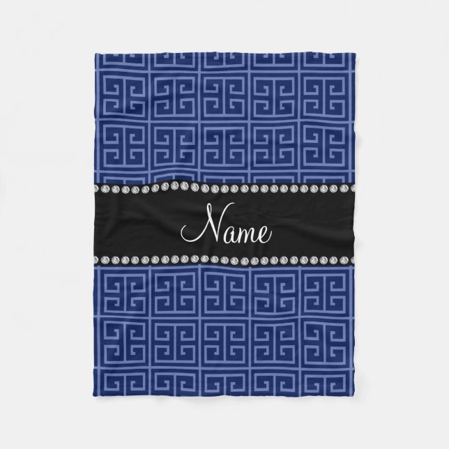 Personalized name navy blue greek key pattern fleece blanket (Front)