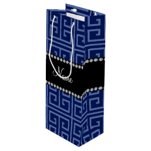 Personalized name navy blue greek key pattern wine gift bag