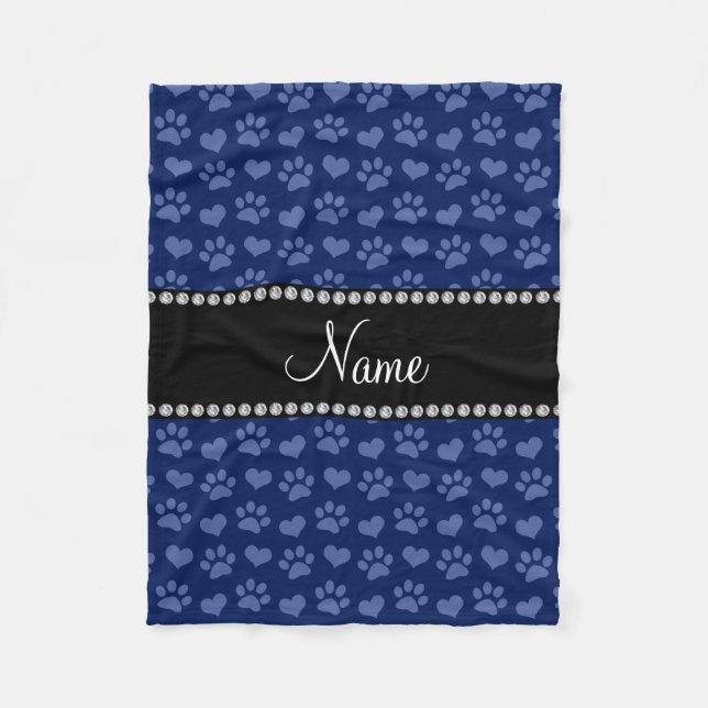 Personalized name navy blue hearts and paw prints fleece blanket (Front)